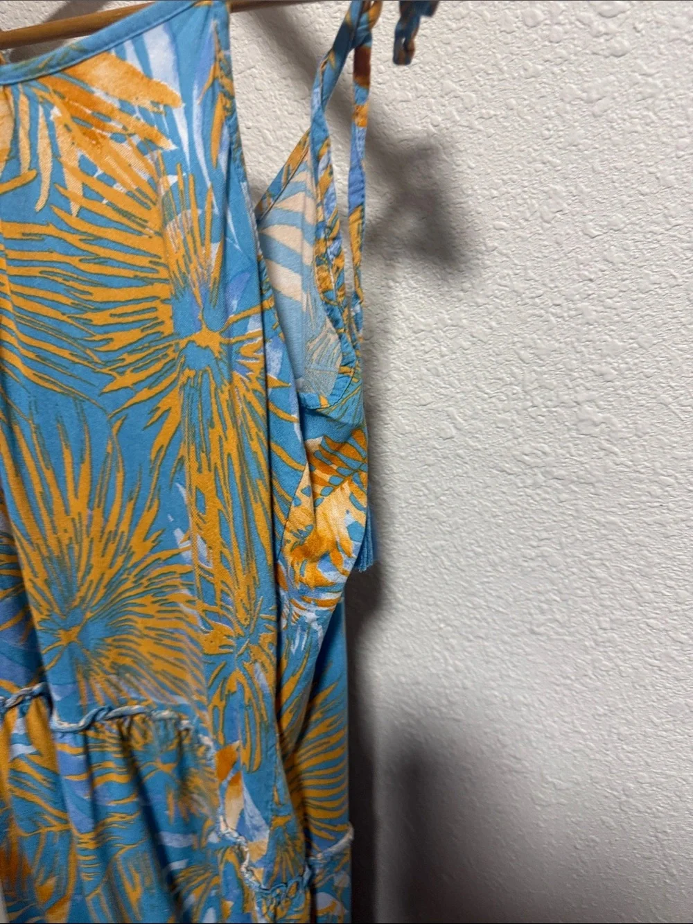 Blue Island Tropical Palm Print Tiered Midi Dress Blue Orange Large Tassel Tie - Picture 8 of 10